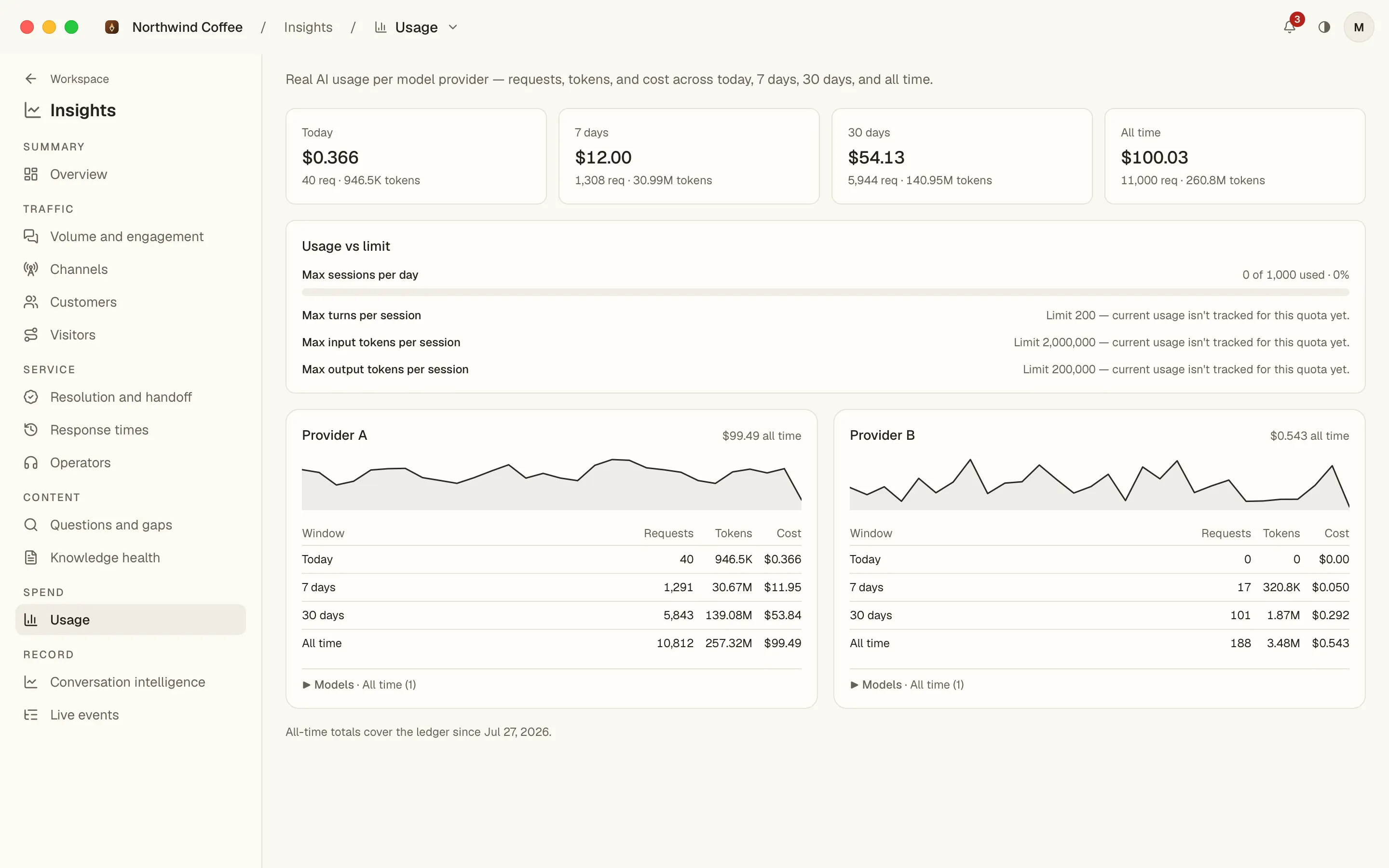 Insights › Usage: four spend tiles for today, seven days, thirty days and all time, the usage-versus-limit rows, and a card per model provider with a sparkline and a table per window.